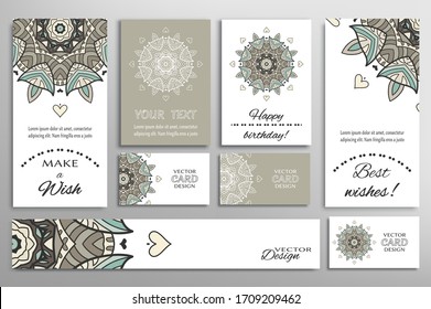 Big set of greeting Cards or wedding Invitations. Postcards template with inscription Make a Wish, Best Wishes, Happy Birthday. Banner, business cards with mandala ornament. Isolated design elements