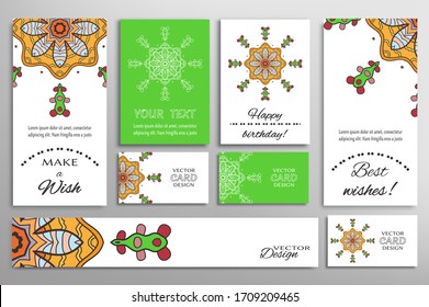 Big set of greeting Cards or wedding Invitations. Postcards template with inscription Make a Wish, Best Wishes, Happy Birthday. Banner, business cards with mandala ornament. Isolated design elements