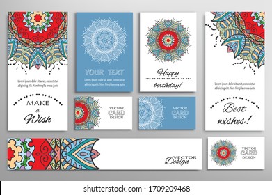 Big set of greeting Cards or wedding Invitations. Postcards template with inscription Make a Wish, Best Wishes, Happy Birthday. Banner, business cards with mandala ornament. Isolated design elements