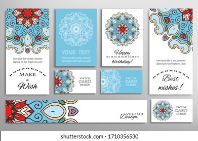 Big set of greeting Cards or wedding Invitations. Postcards template with inscription Make a Wish, Best Wishes, Happy Birthday. Banner, business cards with mandala ornament. Isolated design elements