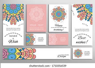Big set of greeting Cards or wedding Invitations. Postcards template with inscription Make a Wish, Best Wishes, Happy Birthday. Banner, business cards with mandala ornament. Isolated design elements