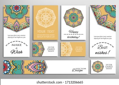 Big set of greeting Cards or wedding Invitations. Postcards template with inscription Make a Wish, Best Wishes, Happy Birthday. Banner, business cards with mandala ornament. Isolated design elements