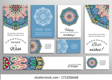 Big set of greeting Cards or wedding Invitations. Postcards template with inscription Make a Wish, Best Wishes, Happy Birthday. Banner, business cards with mandala ornament. Isolated design elements