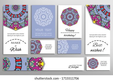 Big set of greeting Cards or wedding Invitations. Postcards template with inscription Make a Wish, Best Wishes, Happy Birthday. Banner, business cards with mandala ornament. Isolated design elements