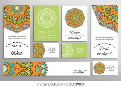 Big set of greeting Cards or wedding Invitations. Postcards template with inscription Make a Wish, Best Wishes, Happy Birthday. Banner, business cards with mandala ornament. Isolated design elements