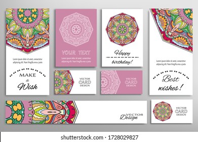Big set of greeting Cards or wedding Invitations. Postcards template with inscription Make a Wish, Best Wishes, Happy Birthday. Banner, business cards with mandala ornament. Isolated design elements