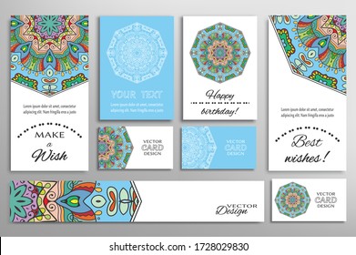 Gran juego de tarjetas de felicitación o invitaciones de boda. Plantilla de postales con inscripción Hacer un deseo, mejores deseos, cumpleaños feliz. Cartel, tarjetas de visita con ornamento mandala. Elementos de diseño aislados