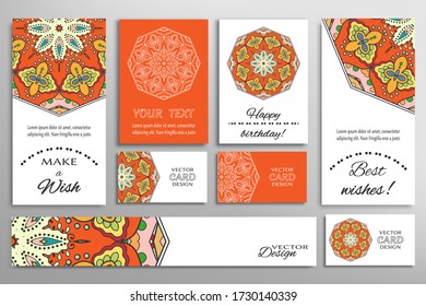 Big set of greeting Cards or wedding Invitations. Postcards template with inscription Make a Wish, Best Wishes, Happy Birthday. Banner, business cards with mandala ornament. Isolated design elements