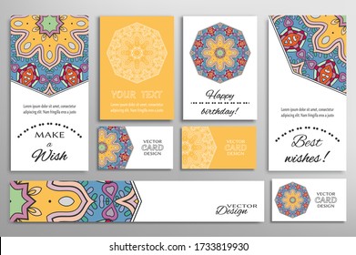 Big set of greeting Cards or wedding Invitations. Postcards template with inscription Make a Wish, Best Wishes, Happy Birthday. Banner, business cards with mandala ornament. Isolated design elements