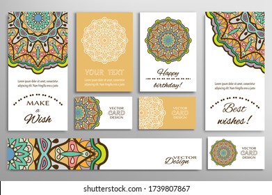 Big set of greeting Cards or wedding Invitations. Postcards template with inscription Make a Wish, Best Wishes, Happy Birthday. Banner, business cards with mandala ornament. Isolated design elements