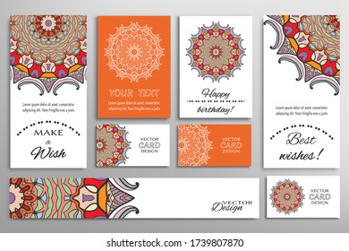 Big set of greeting Cards or wedding Invitations. Postcards template with inscription Make a Wish, Best Wishes, Happy Birthday. Banner, business cards with mandala ornament. Isolated design elements