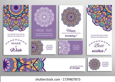 Big set of greeting Cards or wedding Invitations. Postcards template with inscription Make a Wish, Best Wishes, Happy Birthday. Banner, business cards with mandala ornament. Isolated design elements