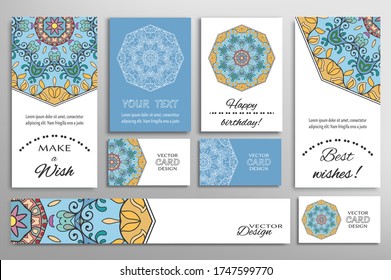 Big set of greeting Cards or wedding Invitations. Postcards template with inscription Make a Wish, Best Wishes, Happy Birthday. Banner, business cards with mandala ornament. Isolated design elements