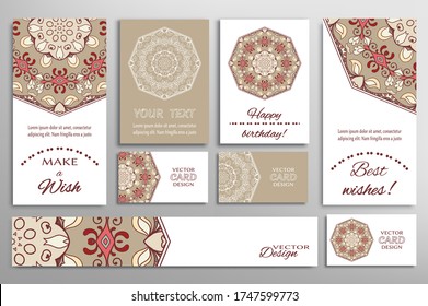 Big set of greeting Cards or wedding Invitations. Postcards template with inscription Make a Wish, Best Wishes, Happy Birthday. Banner, business cards with mandala ornament. Isolated design elements