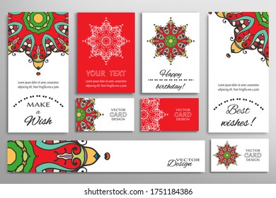 Big set of greeting Cards or wedding Invitations. Postcards template with inscription Make a Wish, Best Wishes, Happy Birthday. Banner, business cards with mandala ornament. Isolated design elements