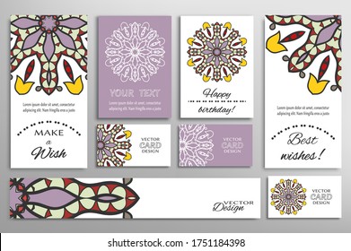 Big set of greeting Cards or wedding Invitations. Postcards template with inscription Make a Wish, Best Wishes, Happy Birthday. Banner, business cards with mandala ornament. Isolated design elements