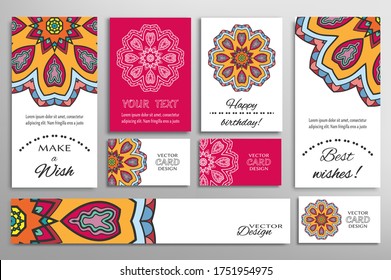 Big set of greeting Cards or wedding Invitations. Postcards template with inscription Make a Wish, Best Wishes, Happy Birthday. Banner, business cards with mandala ornament. Isolated design elements