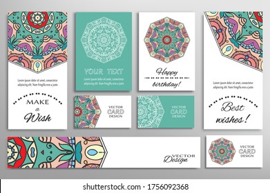 Big set of greeting Cards or wedding Invitations. Postcards template with inscription Make a Wish, Best Wishes, Happy Birthday. Banner, business cards with mandala ornament. Isolated design elements