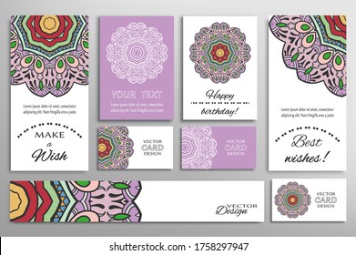 Big set of greeting Cards or wedding Invitations. Postcards template with inscription Make a Wish, Best Wishes, Happy Birthday. Banner, business cards with mandala ornament. Isolated design elements