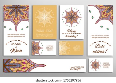 Big set of greeting Cards or wedding Invitations. Postcards template with inscription Make a Wish, Best Wishes, Happy Birthday. Banner, business cards with mandala ornament. Isolated design elements