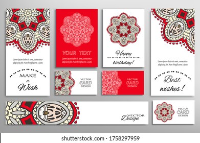 Big set of greeting Cards or wedding Invitations. Postcards template with inscription Make a Wish, Best Wishes, Happy Birthday. Banner, business cards with mandala ornament. Isolated design elements