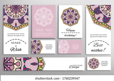 Big set of greeting Cards or wedding Invitations. Postcards template with inscription Make a Wish, Best Wishes, Happy Birthday. Banner, business cards with mandala ornament. Isolated design elements