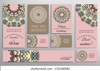 Big set of greeting Cards or wedding Invitations. Postcards template with inscription Make a Wish, Best Wishes, Happy Birthday. Banner, business cards with mandala ornament. Isolated design elements