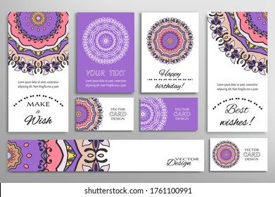 Big set of greeting Cards or wedding Invitations. Postcards template with inscription Make a Wish, Best Wishes, Happy Birthday. Banner, business cards with mandala ornament. Isolated design elements