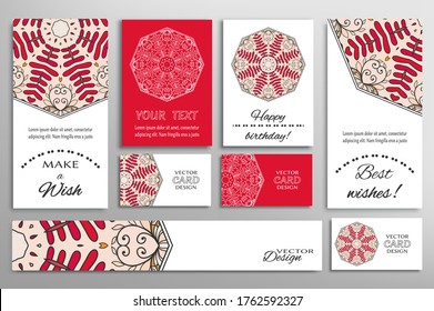 Big set of greeting Cards or wedding Invitations. Postcards template with inscription Make a Wish, Best Wishes, Happy Birthday. Banner, business cards with mandala ornament. Isolated design elements