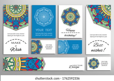 Gran juego de tarjetas de felicitación o invitaciones de boda. Plantilla de postales con inscripción Hacer un deseo, mejores deseos, cumpleaños feliz. Cartel, tarjetas de visita con ornamento mandala. Elementos de diseño aislados