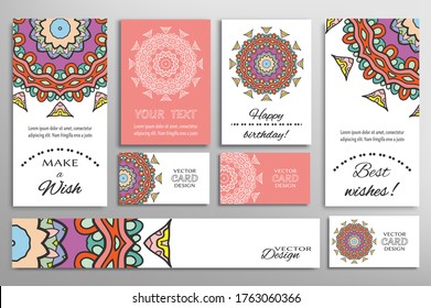 Big set of greeting Cards or wedding Invitations. Postcards template with inscription Make a Wish, Best Wishes, Happy Birthday. Banner, business cards with mandala ornament. Isolated design elements