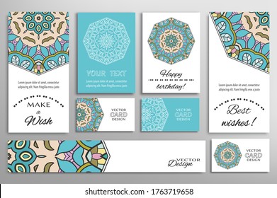 Gran juego de tarjetas de felicitación o invitaciones de boda. Plantilla de postales con inscripción Hacer un deseo, mejores deseos, cumpleaños feliz. Cartel, tarjetas de visita con ornamento mandala. Elementos de diseño aislados