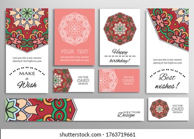 Big set of greeting Cards or wedding Invitations. Postcards template with inscription Make a Wish, Best Wishes, Happy Birthday. Banner, business cards with mandala ornament. Isolated design elements