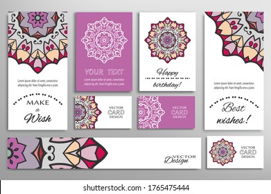 Big set of greeting Cards or wedding Invitations. Postcards template with inscription Make a Wish, Best Wishes, Happy Birthday. Banner, business cards with mandala ornament. Isolated design elements