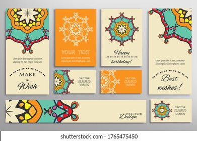 Big set of greeting Cards or wedding Invitations. Postcards template with inscription Make a Wish, Best Wishes, Happy Birthday. Banner, business cards with mandala ornament. Isolated design elements
