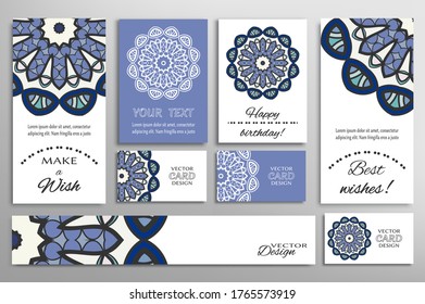 Big set of greeting Cards or wedding Invitations. Postcards template with inscription Make a Wish, Best Wishes, Happy Birthday. Banner, business cards with mandala ornament. Isolated design elements