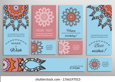Big set of greeting Cards or wedding Invitations. Postcards template with inscription Make a Wish, Best Wishes, Happy Birthday. Banner, business cards with mandala ornament. Isolated design elements