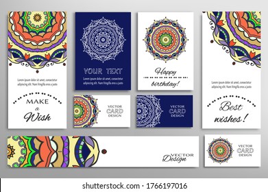 Big set of greeting Cards or wedding Invitations. Postcards template with inscription Make a Wish, Best Wishes, Happy Birthday. Banner, business cards with mandala ornament. Isolated design elements