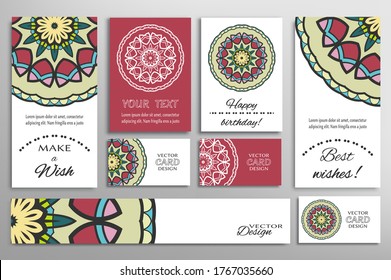 Big set of greeting Cards or wedding Invitations. Postcards template with inscription Make a Wish, Best Wishes, Happy Birthday. Banner, business cards with mandala ornament. Isolated design elements