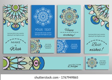 Große Auswahl an Grußkarten oder Hochzeitseinladungen. Postkarten-Vorlage mit Inschrift Machen Sie einen Wunsch, Beste Wünsche, Fröhlich Geburtstag. Banner, Visitenkarten mit Mandala-Ornament. Einzelne Design-Elemente