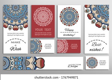 Big set of greeting Cards or wedding Invitations. Postcards template with inscription Make a Wish, Best Wishes, Happy Birthday. Banner, business cards with mandala ornament. Isolated design elements