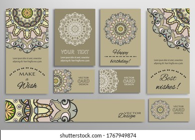 Big set of greeting Cards or wedding Invitations. Postcards template with inscription Make a Wish, Best Wishes, Happy Birthday. Banner, business cards with mandala ornament. Isolated design elements