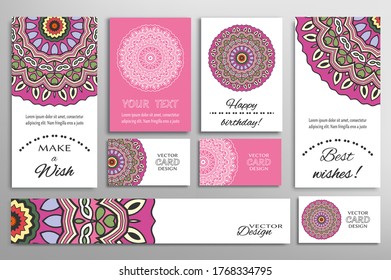 Big set of greeting Cards or wedding Invitations. Postcards template with inscription Make a Wish, Best Wishes, Happy Birthday. Banner, business cards with mandala ornament. Isolated design elements