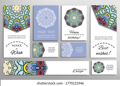 Big set of greeting Cards or wedding Invitations. Postcards template with inscription Make a Wish, Best Wishes, Happy Birthday. Banner, business cards with mandala ornament. Isolated design elements