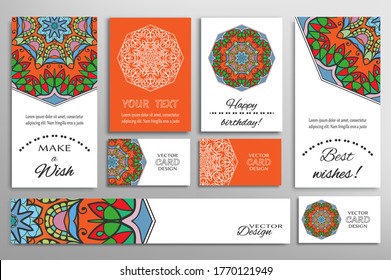 Big set of greeting Cards or wedding Invitations. Postcards template with inscription Make a Wish, Best Wishes, Happy Birthday. Banner, business cards with mandala ornament. Isolated design elements