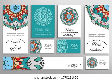 Big set of greeting Cards or wedding Invitations. Postcards template with inscription Make a Wish, Best Wishes, Happy Birthday. Banner, business cards with mandala ornament. Isolated design elements