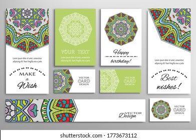 Big set of greeting Cards or wedding Invitations. Postcards template with inscription Make a Wish, Best Wishes, Happy Birthday. Banner, business cards with mandala ornament. Isolated design elements