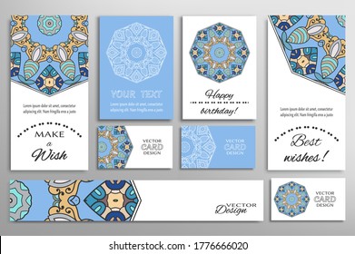 Big set of greeting Cards or wedding Invitations. Postcards template with inscription Make a Wish, Best Wishes, Happy Birthday. Banner, business cards with mandala ornament. Isolated design elements