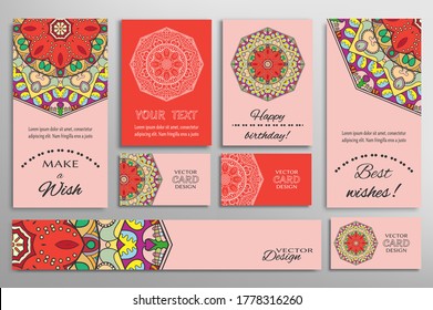Big set of greeting Cards or wedding Invitations. Postcards template with inscription Make a Wish, Best Wishes, Happy Birthday. Banner, business cards with mandala ornament. Isolated design elements