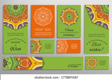 Big set of greeting Cards or wedding Invitations. Postcards template with inscription Make a Wish, Best Wishes, Happy Birthday. Banner, business cards with mandala ornament. Isolated design elements